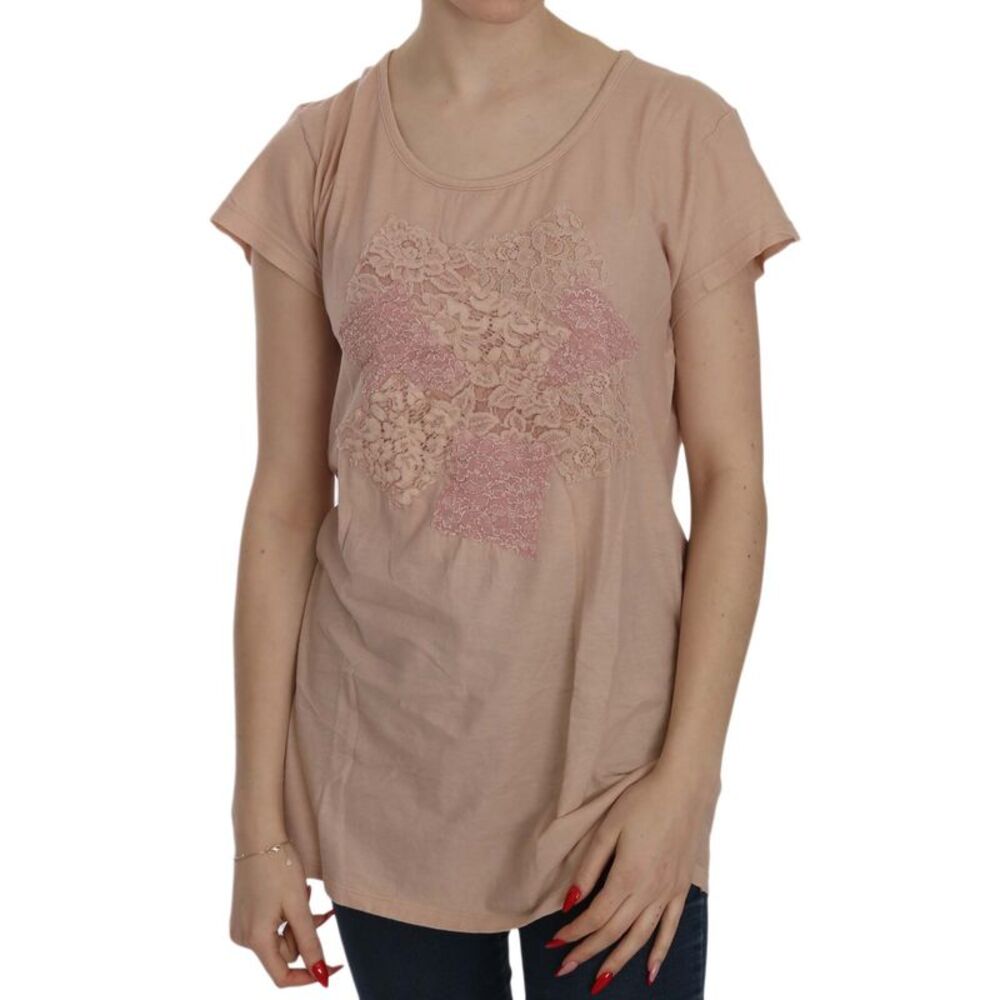 PINK MEMORIES Pink Cream Lace Short Sleeve Shirt Top Cotton Women's Blouse